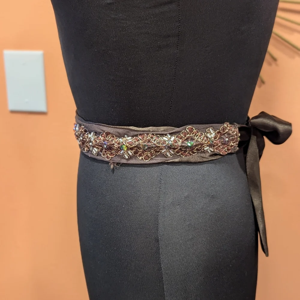 Whimsigoth Vintage Y2K Brown Belt Satin Embroidered Tie Waist Or Headband